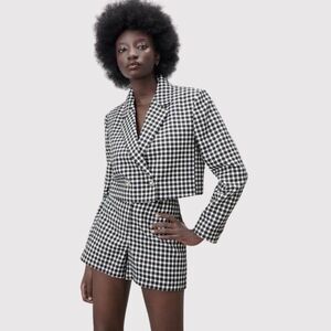 ZARA Womens Blazer Black Double Breasted Plaid Cropped Tweed Jacket Notched XS